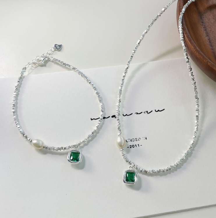 925 Sterling Silver Pearl Emerald Necklace Bracelet 